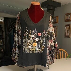 Upcycled Black Floral V-Neck  Top with Garden Print Bobo Style Sleeves.